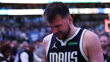 DALLAS, TEXAS - MAY 11: Luka Doncic #77 of the Dallas Mavericks reacts after defeating the Oklahoma City Thunder in Game Three of the Western Conference Second Round Playoffs at American Airlines Center on May 11, 2024 in Dallas, Texas. NOTE TO USER: User expressly acknowledges and agrees that, by downloading and or using this photograph, User is consenting to the terms and conditions of the Getty Images License Agreement.   Tim Heitman/Getty Images/AFP (Photo by Tim Heitman / GETTY IMAGES NORTH AMERICA / Getty Images via AFP)
