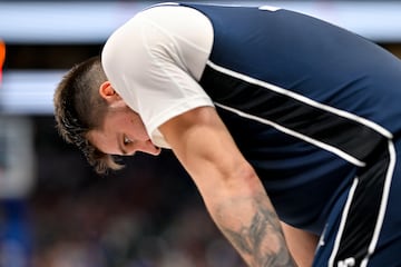 Dallas Mavericks guard Luka Doncic (77) looks down during the second half of the game against the Portland Trail Blazers at the American Airlines Center.