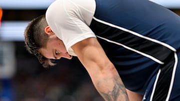 Dallas Mavericks guard Luka Doncic (77) looks down during the second half of the game against the Portland Trail Blazers at the American Airlines Center.