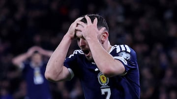 Soccer Football - FIFA World Cup - UEFA Qualifiers - Group C - Scotland v Denmark - Hampden Park, Glasgow, Scotland, Britain - November 18, 2025 Scotland's John McGinn reacts after missing a chance to score REUTERS/Russell Cheyne
