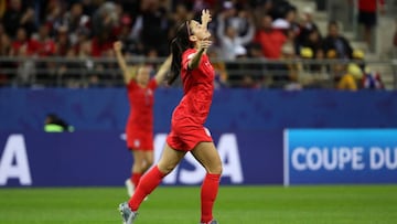 REIMS, FRANCE - JUNE 11: Alex Morgan of the USA celebrates after scoring her team's eighth goal during the 2019 FIFA Women's World Cup France group F match between USA and Thailand at Stade Auguste Delaune on June 11, 2019 in Reims, France. (Ph