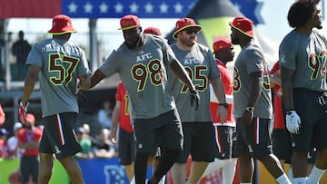 Jan 25, 2017; Orlando, FL, USA; Tennessee Titans outside line backer Brian Orakpo (98) and Buffalo Bills special teams D.J. Alexander (57) shake hands during practice for the Pro Bowl at ESPN Wide World of Sports Complex. Mandatory Credit: Jasen Vinlove-USA TODAY Sports