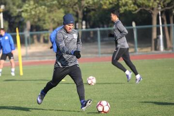 Argentine striker Carlos Tevez (C) exercises in his first training session open to the media after joining the soccer club Shanghai Shenhua