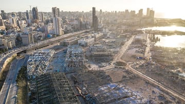 BEIRUT, LEBANON - AUGUST 05: An aerial view of ruined structures at the port, damaged by an explosion a day earlier, on August 5, 2020 in Beirut, Lebanon. As of Wednesday, more than 100 people were confirmed dead, with thousands injured, when an explosion