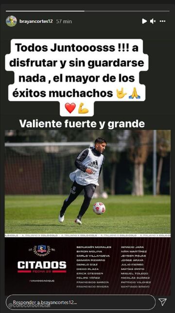 Los jugadores de Colo Colo, ausentes ante Audax Italiano por la crisis desatada por el coronavirus, le enviaron su apoyo a los juveniles que representarán al Cacique en Rancagua.