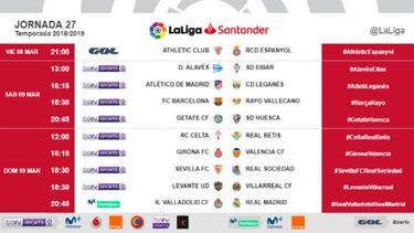 Horarios de la jornada 27: el Valladolid-Madrid, el 10-M; el Bar?a-Rayo, el 9-M