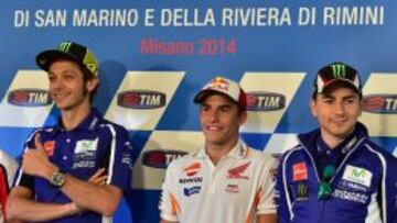 Rossi, Márquez y Lorenzo durante la rueda de prensa en Misano.