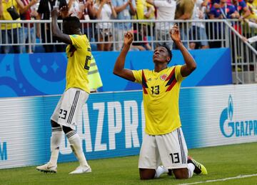 Yerry Mina celebra el gol de Colombia durante el partido Senegal-Colombia, del Grupo H del Mundial de Fútbol de Rusia 2018, en el Samara Arena de Samara, Rusia, hoy 28 de junio de 2018