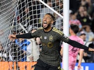 LOS ANGELES, CALIFORNIA - FEBRUARY 21: Denis Bouanga #99 of Los Angeles FC celebrates after scoring the team's second goal during the MLS match between Los Angeles Football Club and Inter Miami CF at Los Angeles Memorial Coliseum on February 21, 2026 in Los Angeles, California. Kevork Djansezian/Getty Images/AFP (Photo by KEVORK DJANSEZIAN / GETTY IMAGES NORTH AMERICA / Getty Images via AFP)