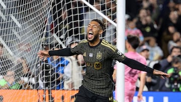 LOS ANGELES, CALIFORNIA - FEBRUARY 21: Denis Bouanga #99 of Los Angeles FC celebrates after scoring the team's second goal during the MLS match between Los Angeles Football Club and Inter Miami CF at Los Angeles Memorial Coliseum on February 21, 2026 in Los Angeles, California. Kevork Djansezian/Getty Images/AFP (Photo by KEVORK DJANSEZIAN / GETTY IMAGES NORTH AMERICA / Getty Images via AFP)