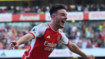 Declan Rice, jugador del Arsenal, celebra el gol anotado ante el Manchester United.