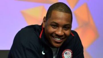 Carmelo Anthony of the 2012 USA Basketball Menx92s National Team attends a press conference at the Main Press Center July 27, 2012 in London, just hours before the opening ceremony of the London 2012 Olympic Games.                         AFP PHOTO/Mark RALSTON