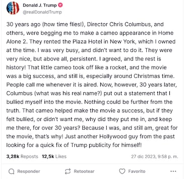 Donald Trump, tajante con ‘Solo en Casa 2′: “Mi cameo ayudó a que la película fuera un éxito”