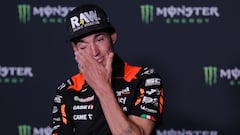 Aprilia Spanish rider Aleix Espargaro gets emotional after announcing his retirement from MotoGP at the end of the 2024 season, during a press conference at the Catalunya racetrack in Montmelo, near Barcelona, on May 23, 2024, ahead of the Catalunya Moto GP Grand Prix. (Photo by LLUIS GENE / AFP)