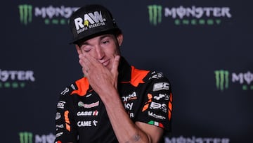 Aprilia Spanish rider Aleix Espargaro gets emotional after announcing his retirement from MotoGP at the end of the 2024 season, during a press conference at the Catalunya racetrack in Montmelo, near Barcelona, on May 23, 2024, ahead of the Catalunya Moto GP Grand Prix. (Photo by LLUIS GENE / AFP)