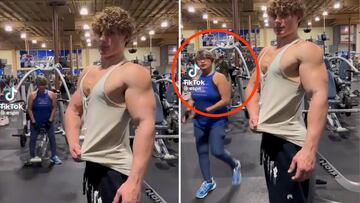 Una mujer le da una lección a un joven que posa en un gimnasio: no tiene desperdicio