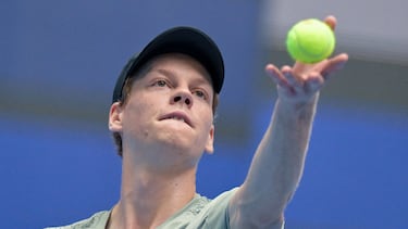 Italy�s Jannik Sinner serves the ball to Russia�s Roman Safiullin during their men's singles match at the China Open tennis tournament in Beijing on September 28, 2024. (Photo by Jade Gao / AFP)