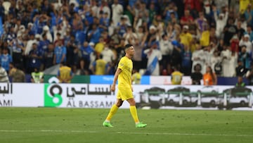 Cristiano Ronaldo of Al-Nassr reacts after getting a red card during the semifinal soccer match of the Saudi Super Cup between Al-Hilal and Al-Nassr in Abu Dhabi, United Arab Emirates