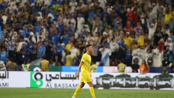 Cristiano Ronaldo of Al-Nassr reacts after getting a red card during the semifinal soccer match of the Saudi Super Cup between Al-Hilal and Al-Nassr in Abu Dhabi, United Arab Emirates