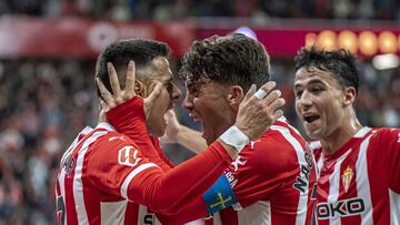 Celebración de uno de los goles de Sporting al Huesca.