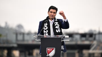 May 18, 2023; San Diego, CA, USA; San Diego FC chief executive officer Tom Penn speaks during a press conference at Snapdragon Stadium. Mandatory Credit: Orlando Ramirez-USA TODAY Sports