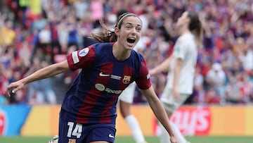 Barcelona's Spanish midfielder #14 Aitana Bonmati celebrates after scoring her team's first goal during the UEFA Women's Champions League final football match between FC Barcelona and  Olympique Lyonnais at the San Mames stadium in Bilbao on May 25, 2024. (Photo by Thomas COEX / AFP)