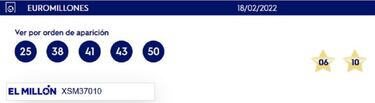 Euromillones: comprobar los resultados del sorteo de hoy, viernes 18 de febrero