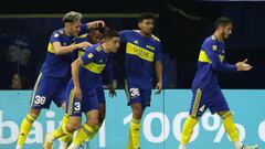 Boca Juniors' Colombian forward Sebastian Villa (2nd-L) celebrates with teammates after scoring the team's second goal against Arsenal during their Argentine Professional Football League Tournament 2022 match at La Bombonera stadium in Buenos Aires, on June 5, 2022. (Photo by ALEJANDRO PAGNI / AFP) (Photo by ALEJANDRO PAGNI/AFP via Getty Images)
