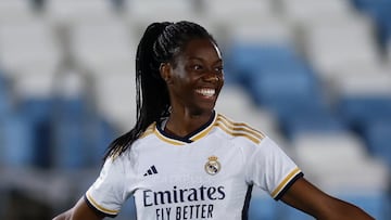 MADRID, 04/10/2023.- La delantera francesa del Real Madrid Naomie Feller celebra tras marcar el 3-0 durante la jornada 3 de la Primera División Femenina entre Real Madrid y Real Betis, este miércoles en el Estadio Alfredo Di Stéfano en Madrid. EFE/ Daniel González