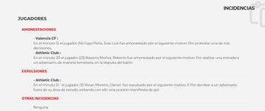 El acta en la web de la RFEF tiene un error en la amarilla a Gayà 