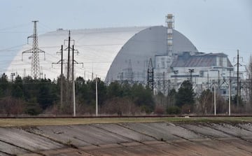 The giant protective dome built over the sarcophagus covering the destroyed fourth reactor of the Chernobyl Nuclear Power Plant.