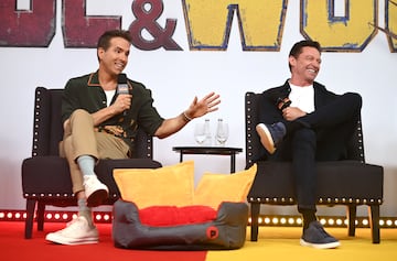 LONDON, ENGLAND - JULY 12: (L-R) Ryan Reynolds and Hugh Jackman attend the UK Press Conference for Marvel Studios' "Deadpool & Wolverine" at the Corinthia Hotel on July 12, 2024 in London, England. (Photo by Eamonn M. McCormack/Getty Images for The Walt Disney Company Limited)
