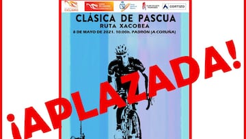 Cartel del aplazamiento de la Cl&aacute;sica de Pascua - Ruta Xacobea de la Copa de Espa&ntilde;a de Ciclismo en Carretera por culpa del coronavirus.