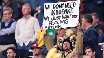 ST. LOUIS, MO - DECEMBER 17: A fan displays a sign in support of keeping the St. Louis Rams in St. Louis during the final home game of the season against the Tampa Bay Buccaneers at the Edward Jones Dome on December 17, 2015 in St. Louis, Missouri. (Photo by Michael B. Thomas/Getty Images)