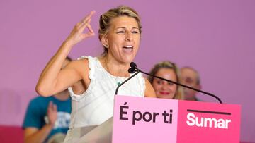 La vicepresidenta segunda y candidata de Sumar a la Presidencia del Gobierno, Yolanda D赤az, participa en un acto de campa?a electoral, en el complejo deportivo de As Travesas, a 14 de julio de 2023, en Vigo, Pontevedra, Galicia (Espa?a). La l赤der de Sumar ha celebrado este mitin junto a los candidatos y candidatas de Galicia al Congreso de los Diputados de cara a las pr車ximas elecciones generales del 23J.
14 JULIO 2023
Javier V芍zquez / Europa Press
14/07/2023