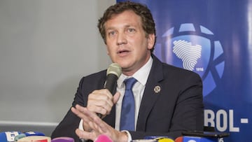 ASUNCION, PARAGUAY - NOVEMBER 27: Julian Dominguez President of CONMEBOL speaks to the press after a meeting between the presidents of CONMEBOL, Boca Junior and River Plate to come to an agreement on a new date to play the final of Copa CONMEBOL Libertado