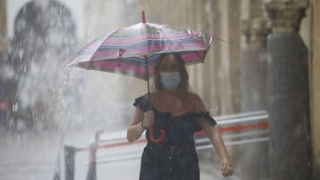 Imagen de una mujer que camina con su paraguas en medio de una tormenta de verano.