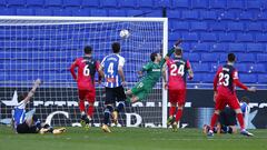 BARCELONA, SPAIN - JANUARY 31: Isi Palazon scores his side&#039;s first goal for 2-1 during the Liga Smartbank match betwen RCD Espanyol de Barcelona and Rayo Vallecano at RCDE Stadium on January 31, 2021 in Barcelona, Spain. Sporting stadiums around Spai