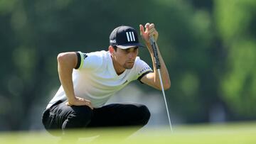 TULSA, OKLAHOMA - MAY 19: Joaquín Niemann of Chile lines up a putt during the first round of the 2022 PGA Championship at Southern Hills Country Club on May 19, 2022 in Tulsa, Oklahoma. (Photo by Sam Greenwood/Getty Images)