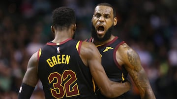 BOSTON, MA - MAY 27: LeBron James #23 of the Cleveland Cavaliers celebrates with Jeff Green #32 in the second half against the Boston Celtics during Game Seven of the 2018 NBA Eastern Conference Finals at TD Garden on May 27, 2018 in Boston, Massachusetts