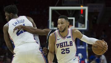 PHILADELPHIA, PA - SEPTEMBER 28: Ben Simmons #25 of the Philadelphia 76ers dribbles around a pick set by Joel Embiid #21 on Casper Ware Jr. #21 of Melbourne United in the first quarter in the preseason game at Wells Fargo Center on September 28, 2018 in Philadelphia, Pennsylvania. NOTE TO USER: User expressly acknowledges and agrees that, by downloading and or using this photograph, User is consenting to the terms and conditions of the Getty Images License Agreement.   Mitchell Leff/Getty Images/AFP
 == FOR NEWSPAPERS, INTERNET, TELCOS &amp; TELEVISION USE ONLY ==