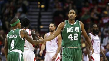 Dec 5, 2016; Houston, TX, USA; Boston Celtics center Al Horford (42) celebrates with guard Isaiah Thomas (4) after a play during the third quarter against the Houston Rockets at Toyota Center. Mandatory Credit: Troy Taormina-USA TODAY Sports