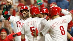 PHILADELPHIA, PENNSYLVANIA - OCTOBER 04: Bryson Stott #5 of the Philadelphia Phillies celebrates with teammates after hitting a grand slam during the sixth inning against the Miami Marlins in Game Two of the Wild Card Series at Citizens Bank Park on October 04, 2023 in Philadelphia, Pennsylvania.   Sarah Stier/Getty Images/AFP (Photo by Sarah Stier / GETTY IMAGES NORTH AMERICA / Getty Images via AFP)