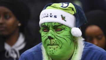 SEATTLE, WA - DECEMBER 17: A Seahawks fan in Grinch makeup watches the game during the third quarter against the Los Angeles Rams at CenturyLink Field on December 17, 2017 in Seattle, Washington.   Steve Dykes/Getty Images/AFP
 == FOR NEWSPAPERS, INTERNET, TELCOS &amp; TELEVISION USE ONLY ==