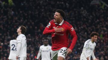 MANCHESTER, ENGLAND - FEBRUARY 08: Jadon Sancho of Manchester United celebrates scoring their second goal during the Premier League match between Manchester United and Leeds United at Old Trafford on February 08, 2023 in Manchester, England. (Photo by Matthew Peters/Manchester United via Getty Images)