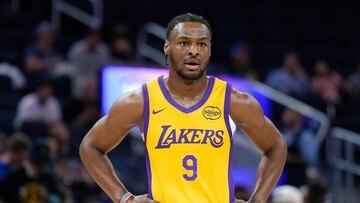 SAN FRANCISCO, CALIFORNIA - JULY 06: Bronny James Jr. #9 of the Los Angeles Lakers looks on against the Sacramento Kings during the first half of the 2024 California Classic summer league game at Chase Center on July 06, 2024 in San Francisco, California. NOTE TO USER: User expressly acknowledges and agrees that, by downloading and or using this photograph, User is consenting to the terms and conditions of the Getty Images License Agreement.   Thearon W. Henderson/Getty Images/AFP (Photo by Thearon W. Henderson / GETTY IMAGES NORTH AMERICA / Getty Images via AFP)