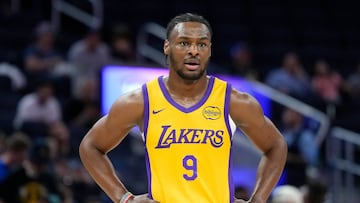 SAN FRANCISCO, CALIFORNIA - JULY 06: Bronny James Jr. #9 of the Los Angeles Lakers looks on against the Sacramento Kings during the first half of the 2024 California Classic summer league game at Chase Center on July 06, 2024 in San Francisco, California. NOTE TO USER: User expressly acknowledges and agrees that, by downloading and or using this photograph, User is consenting to the terms and conditions of the Getty Images License Agreement. Thearon W. Henderson/Getty Images/AFP (Photo by Thearon W. Henderson / GETTY IMAGES NORTH AMERICA / Getty Images via AFP)