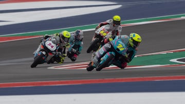 AUSTIN, TEXAS - MARCH 29: Dennis Foggia of Italy and CFMOTO Aspar Team leads the field during the Moto3 free practice during the MotoGP Of USA - Qualifying on March 29, 2025 in Austin, Texas. Mirco Lazzari gp/Getty Images/AFP (Photo by Mirco Lazzari gp / GETTY IMAGES NORTH AMERICA / Getty Images via AFP)