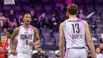 LAS VEGAS, NEVADA - SEPTEMBER 06: Ron Holland #0 of G League Ignite reacts with teammate Matas Buzelis #13 after Holland scored against the Perth Wildcats in the second half of an NBA G League Fall Invitational game on September 06, 2023 in Las Vegas, Nevada. Ignite defeated the Wildcats 124-105. NOTE TO USER: User expressly acknowledges and agrees that, by downloading and or using this photograph, User is consenting to the terms and conditions of the Getty Images License Agreement. Ethan Miller/Getty Images/AFP (Photo by Ethan Miller / GETTY IMAGES NORTH AMERICA / Getty Images via AFP)