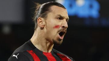 Soccer Football - Serie A - Napoli v AC Milan - Stadio San Paolo, Naples, Italy - November 22, 2020 AC Milan’s Zlatan Ibrahimovic celebrates scoring their first goal while wearing red face paint to raise awareness of domestic violence against women